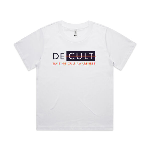 DECULT "Raising Cult Awareness" Women's White T-Shirt Thumbnail